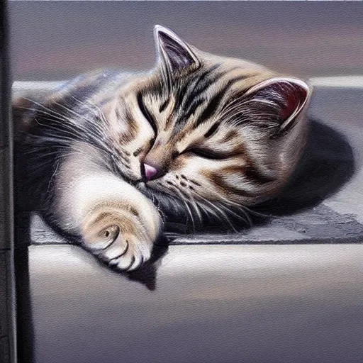 Image similar to a realistic painting of a cat sleeping on a sidewalk at night highly detailed trending on art station