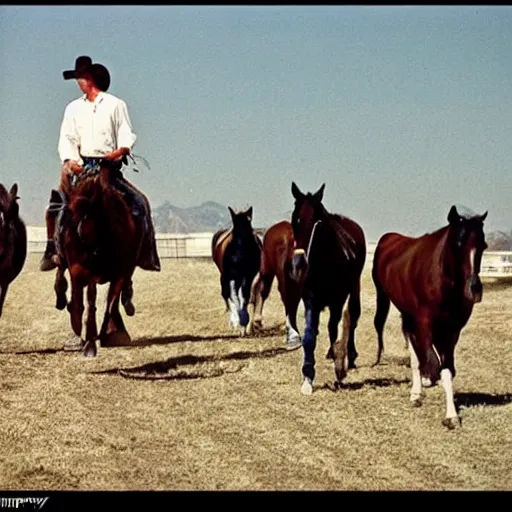 Image similar to Cowboy Christian Bale is leading the horses towards the ranch, 1980 style photography