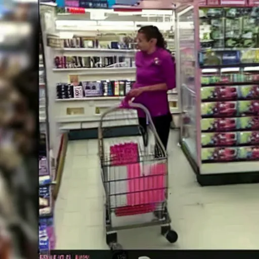 Image similar to woman caught shoplifting, cctv footage screenshot,