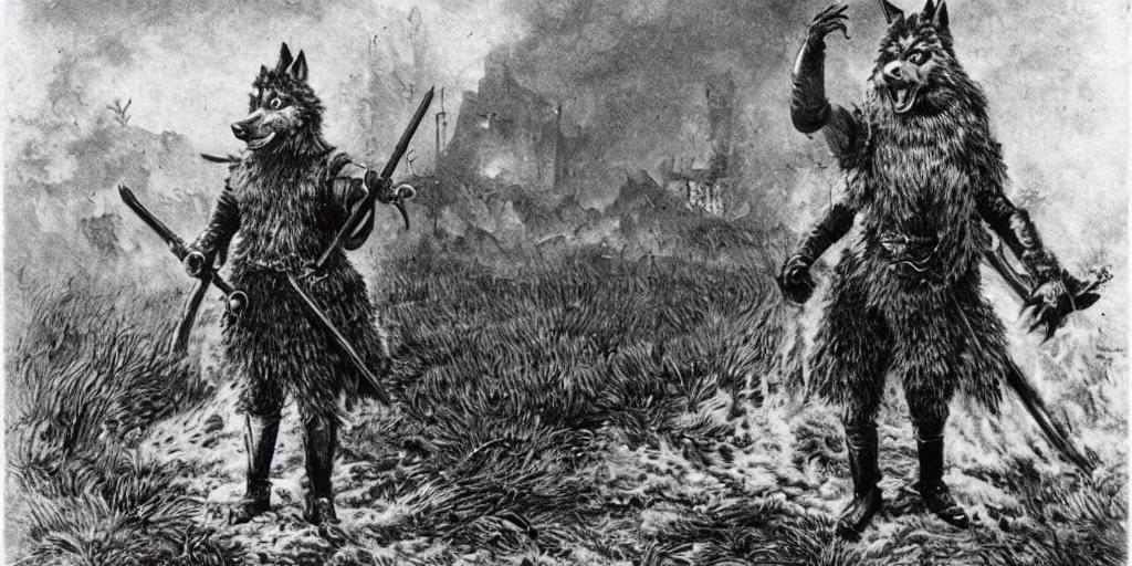 Image similar to anthropomorphic furry wolf in armor standing in front of a burning village, 1900s film scene