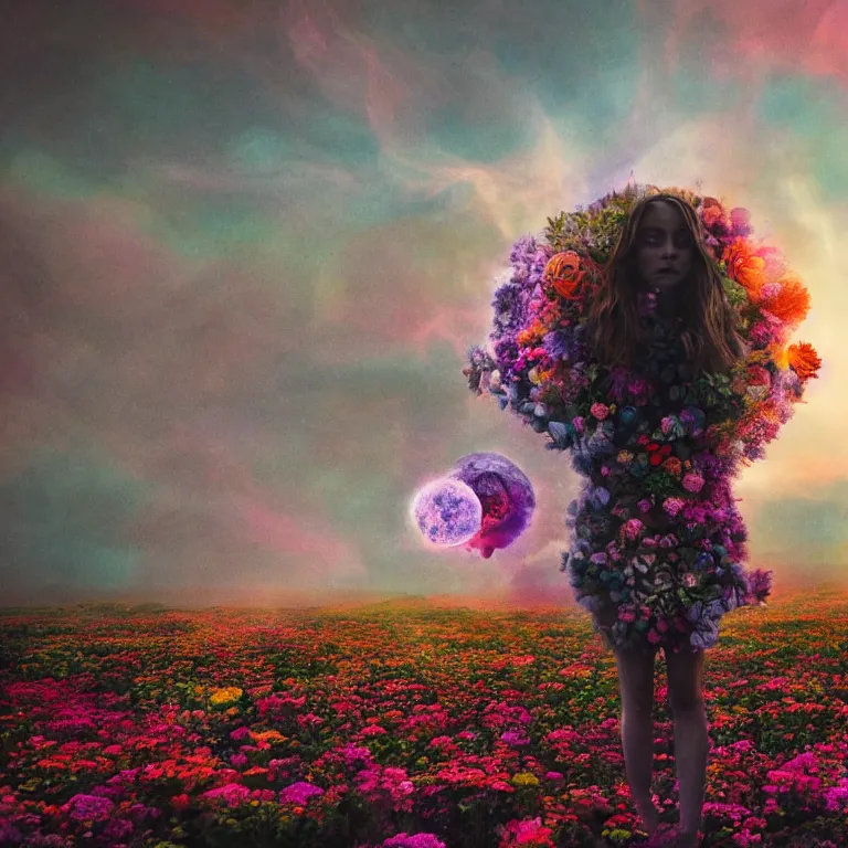 Image similar to a planet of various flowers, fungus and plants, in which the singular human figure is dressed in something magical and impressive, inside the picture is infinity, sunset light, Atmospheric phenomenon, artistic photography, muted colors, conceptual, long exposure outside the city, volumetric light