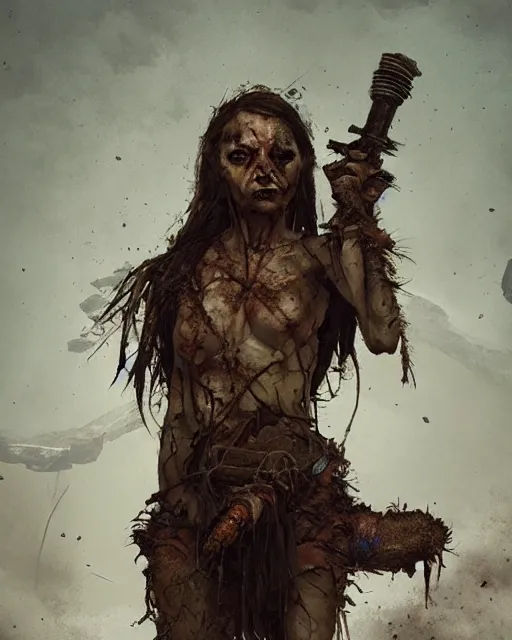 Image similar to hyper realistic photo of postapocalyptic cannibal scavenger shaman woman, full body, cinematic, artstation, cgsociety, greg rutkowski, james gurney, mignola, craig mullins, brom,