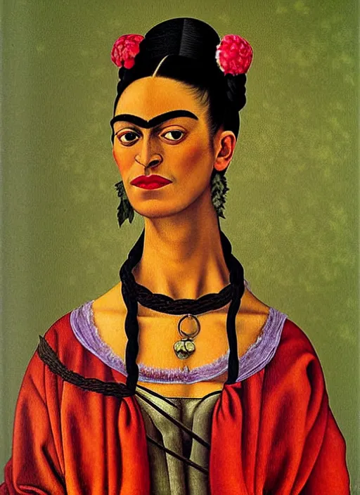 Prompt: portrait of young woman in renaissance dress and renaissance headdress, art by frida kahlo
