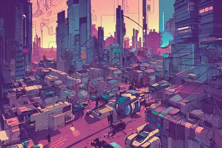 Image similar to a crowded cyberpunk intersection by Josan Gonzalez, golden ratio, heavy linework, clean strokes, sharp edges, flat colors, cell shaded