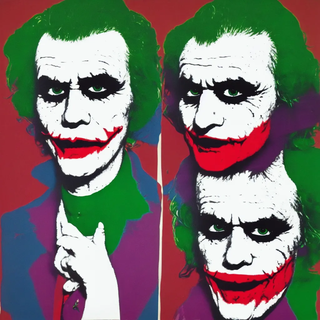 Image similar to individual silk screen portrait of the joker by andy warhol