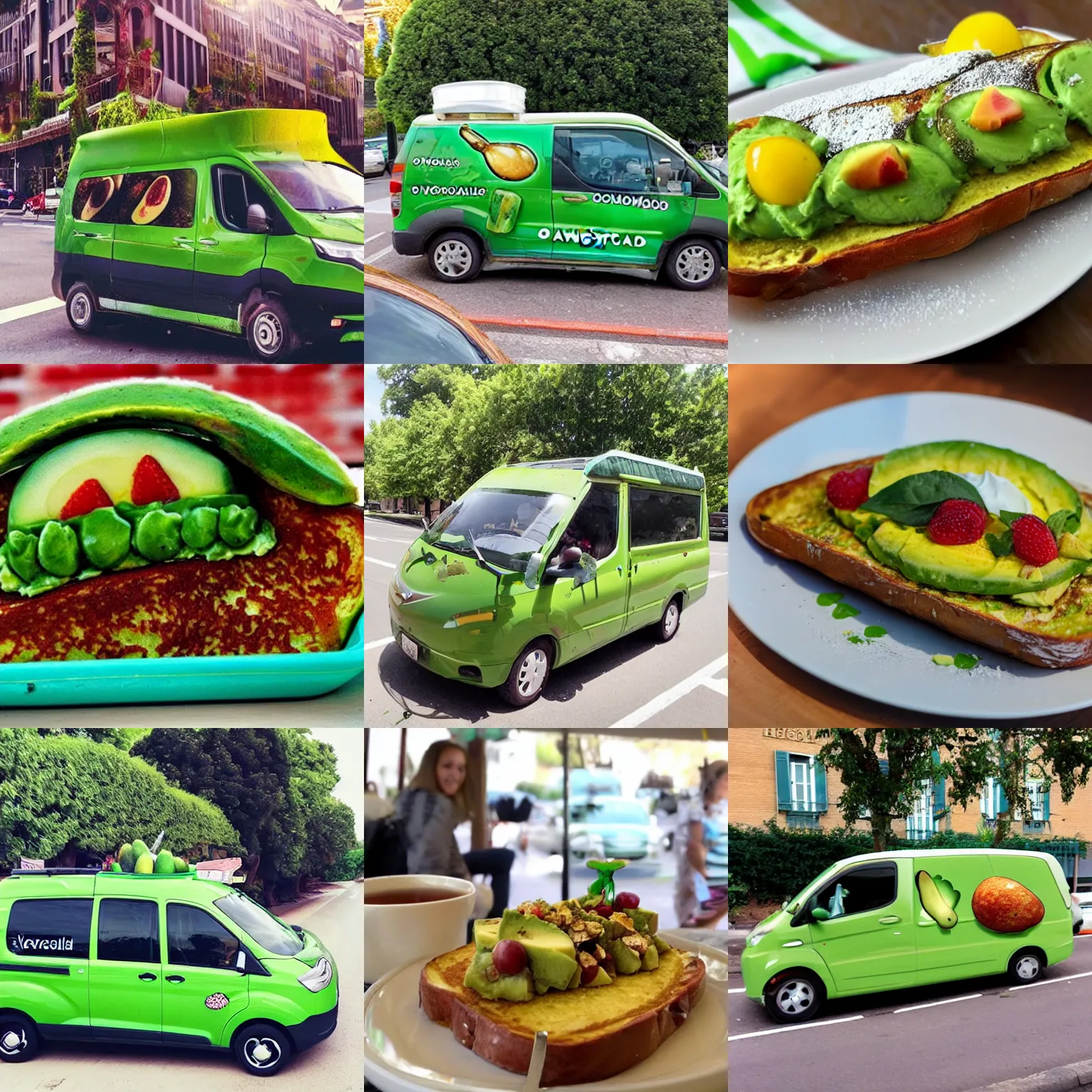 Prompt: an avocadomobile cruising down a french toast highway