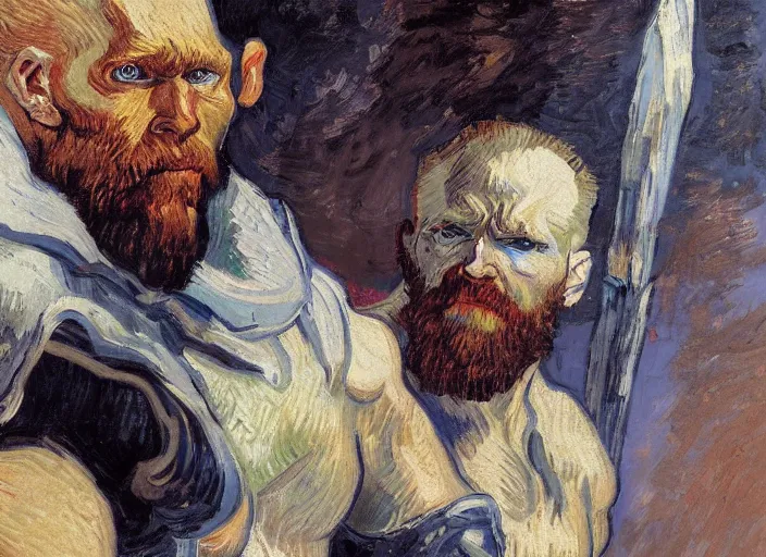 Image similar to a highly detailed beautiful portrait of van gogh as kratos, by gregory manchess, james gurney, james jean