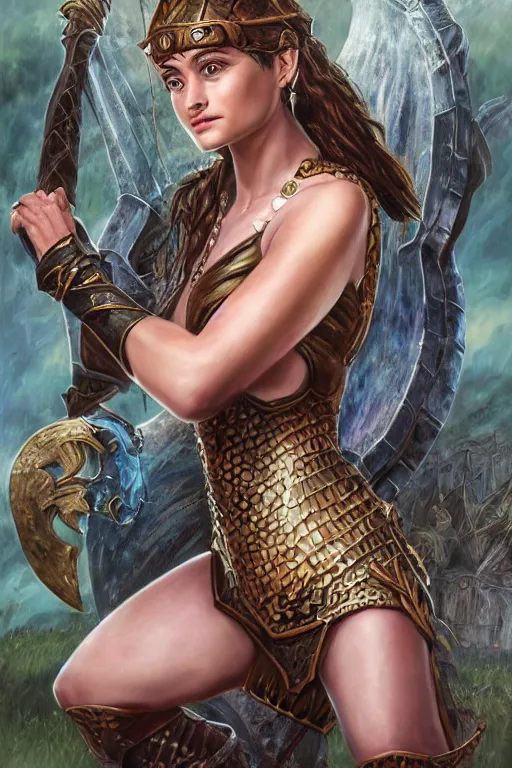 Image similar to A fantasy comic book style, composite portrait painting of Joey King, Cory Chase as an Atlantean, Reptilian Warrior, Mystical Valkyrie, Armor, Sword, Spear, Sheild, François Boucher, Oil Painting, unreal 5, DAZ, hyper realistic, Photorealistic, octane render, Regal, Refined, Coherent, Detailed Digital Art, RPG portrait, William-Adolphe Bouguereau, Michael Cheval, Walt Disney (1937), Steampunk, golden dappled lighting, dynamic lighting, Highly Detailed, Cinematic Lighting, Unreal Engine, 8k, HD