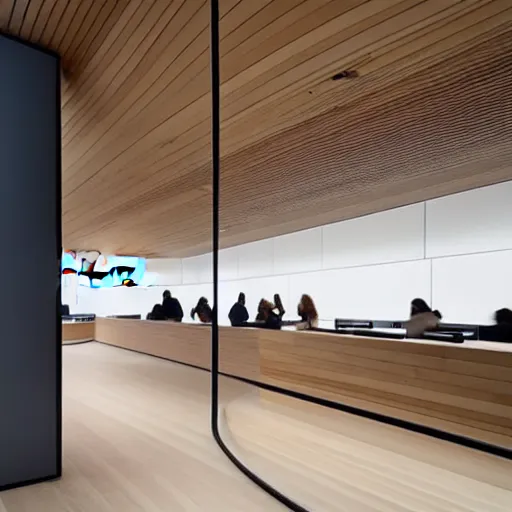 Prompt: (2030s Samsung Microsoft Apple flagship store interior, wood, concrete, black walls, muted colors.) by Jean-Baptiste Monge !!!!!!!!!!!!!!!!!!!!!!!!!!!