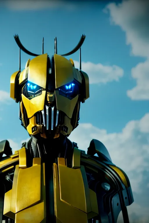 Image similar to a cinematic still from westworld, bumblebee, octane render, nvidia raytracing demo, masterpiece, aged armor plating, aggressive head,