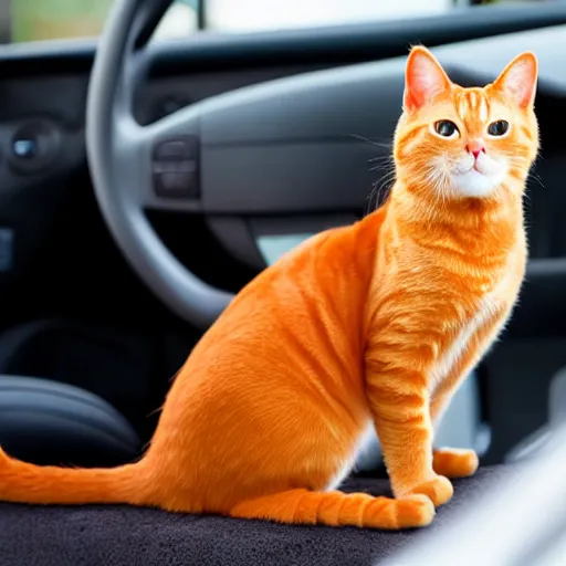 Image similar to an orange tabby cat driving a car