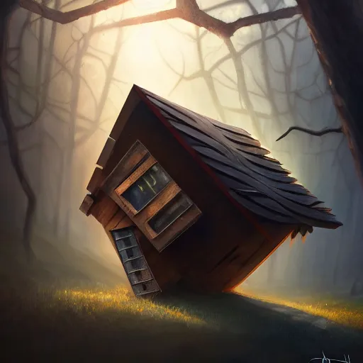 Image similar to a walking wood and metal house with two legs and one big eye, rust, hyperrealistic, highly detailed, cinematic, single ray of sun, morning, pareidolia, gravity falls style, disney, beautiful, cgssociety, artstation, 8 k, oil painting, digital art