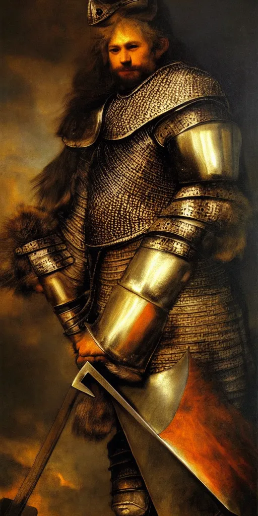 Prompt: animal wolf barbarian knight with big sword, strong sun backlight sunrays body , extreme very textured detailed portrait oil painting by rembrandt, dramatic clouds and atmosphere