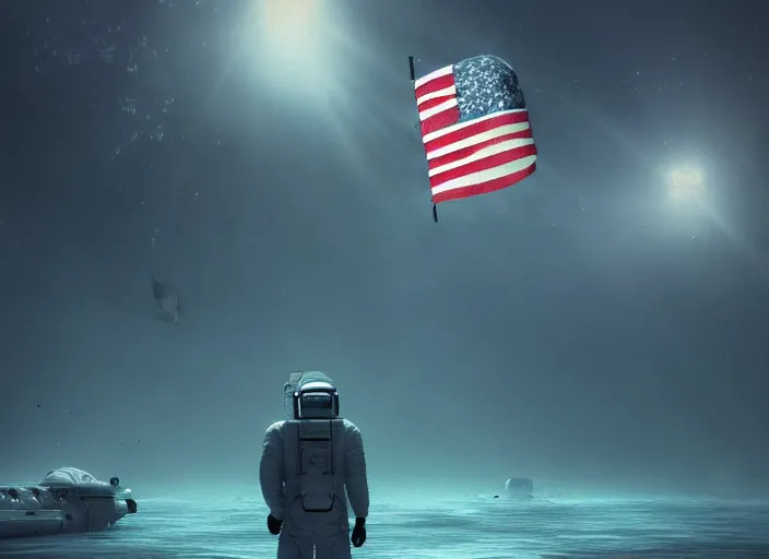 Image similar to astronaut holding a flag in an underwater desert. a submarine is visible in the distance. dark, concept art, cinematic, dramatic, atmospheric, 8 k, trending on artstation, blue, fish, low visibility, fog, ocean floor, christopher nolan, interstellar