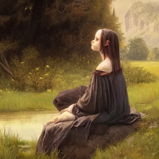 Image similar to Cute young Harpy, wearing medieval clothes, sad expression, sitting at a pond, mountainous area, trees in the background, oil painting, by Greg Rutkowski