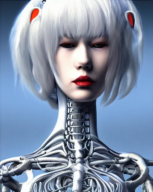 Image similar to rei ayanami by roger dean, by hr giger, biomechanical, profile portrait, hyper detailed, hyperrealism, deviantart, artstation, 4 k, highly detailed, vray rendering, unreal engine