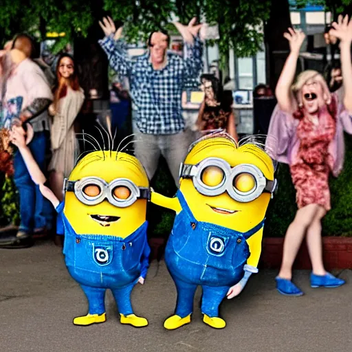 Prompt: bob and stewart minions partying in the 2 0 2 0 riots