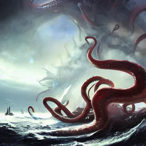 Image similar to a giant squid with bulging eyes, tentacles rising from the sea, exploded ship, magic the gathering art, art by greg rutkowski, fantasy rpg, league of legends