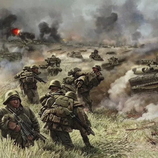 Prompt: massive assault on russian front with panzer division, ivan vladimirov, fedir krychevsky