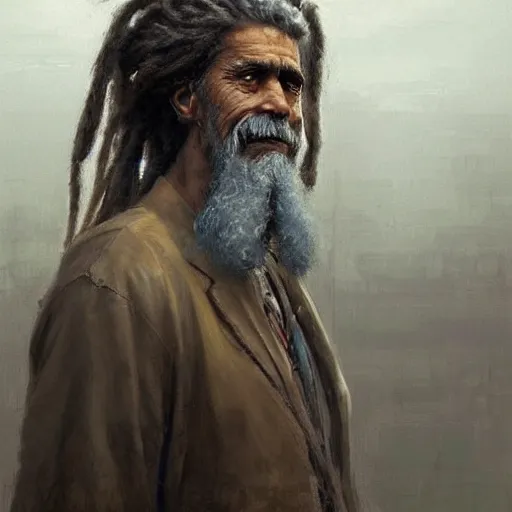 Prompt: masterpiece painting of a portrait of a long dreadlocks hair egyptian old man, White blind eyes wearing worn out brown clothes in a modern city, featured in artstation, concept art by Greg Rutkowski, WLOP, Dan Mumford, Christophe Vacher