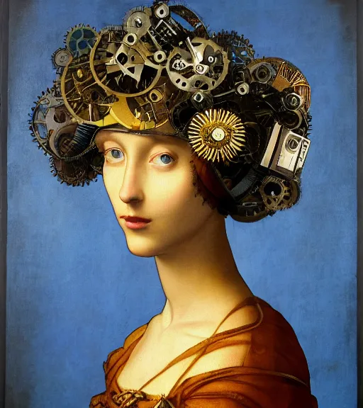 Image similar to portrait of a beautiful young cyborg woman with a big steampunk flower crown and part mechanical face , Metropolis, by Leonardo Da Vinci in the style of Man Ray