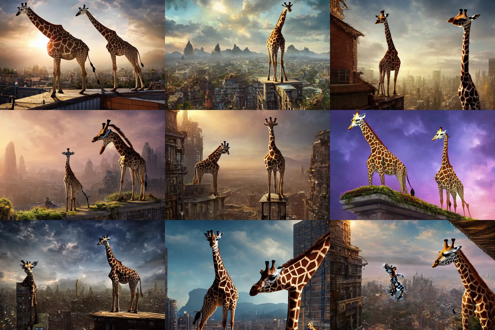 Prompt: giraffe standing on the rooftop, fantasy, intricate, epic lighting, cinematic composition, hyper realistic, 8 k resolution, unreal engine 5, by artgerm, tooth wu, dan mumford, beeple, wlop, rossdraws, james jean, andrei riabovitchev, marc simonetti, yoshitaka amano, artstation