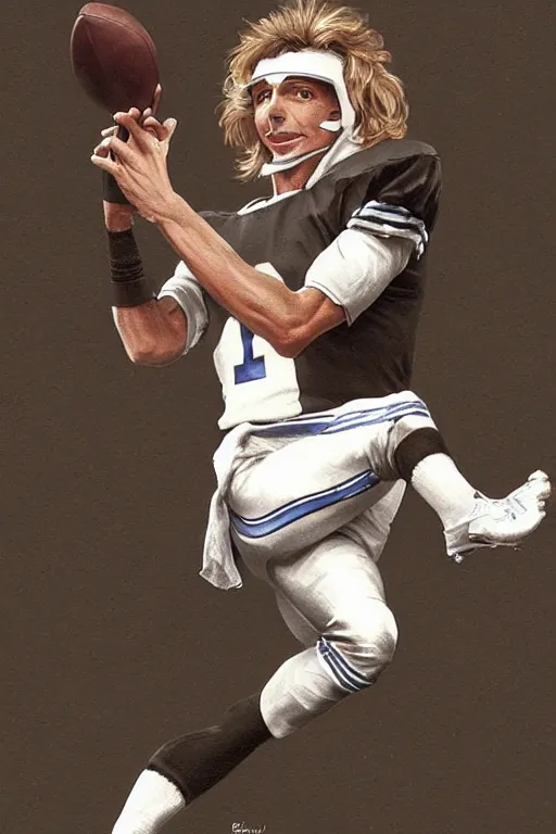 Image similar to Barry Manilow playing Football as the quarterback of the Dallas Cowboys, intricate, elegant, highly detailed, digital painting, artstation, concept art, smooth, sharp focus, illustration, art by artgerm and greg rutkowski and alphonse mucha