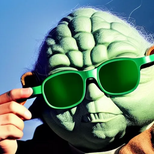 Prompt: Yoda taking a selfie wearing sunglasses and listening to music on headphones