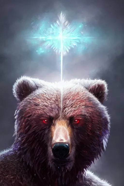 Prompt: a portrait of a crystalized bear god by Greg Rutkowski, Sung Choi, Mitchell Mohrhauser, Maciej Kuciara, Johnson Ting, Maxim Verehin, Peter Konig, final fantasy , mythical, 8k photorealistic, cinematic lighting, HD, high details, atmospheric,