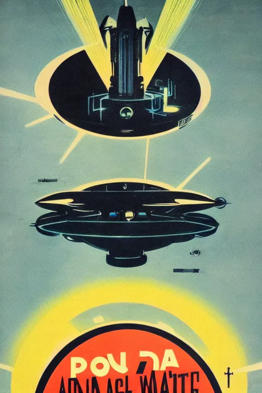 Image similar to propaganda poster of intergalactic war, 1 9 5 0 s style, futuristic design, dark, symmetrical, washed out color, centered, art deco, 1 9 5 0's futuristic, glowing highlights, intense