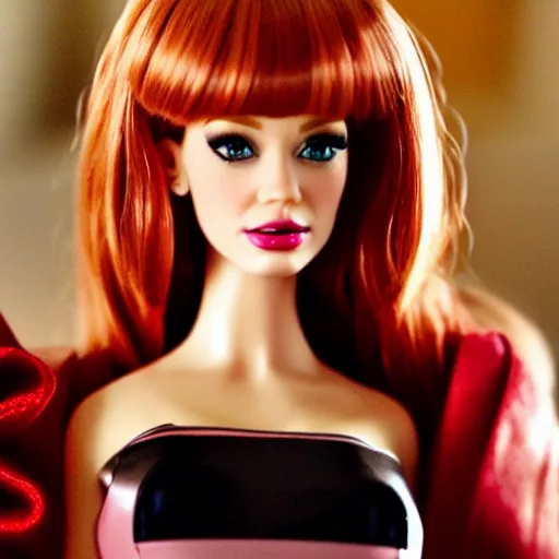 Image similar to amazing beautiful Christina Hendricks barbie doll wearing leather in the living room, film still from the movie directed by Denis Villeneuve , wide lens