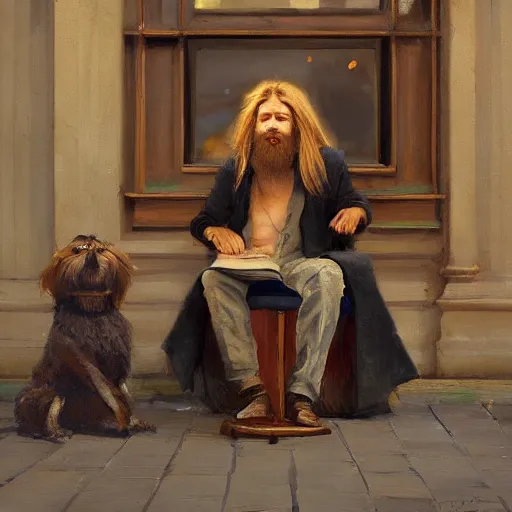 Image similar to oil painting of a young man with long hair blond and a beard hippie style with his golden retrever dog playing piano in the square for money, people watching around, by greg rutkowski, artstation