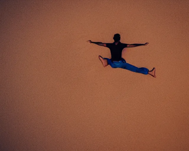 Prompt: a brown man floating on a magical carpet ride over the arabic desert.