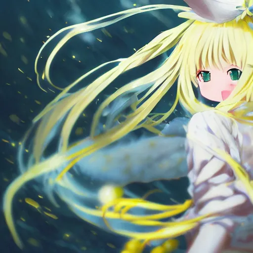 Image similar to pixiv artwork portrait of hastune miku, marisa kirisame touhou artwork by greg rutkowski key art kyoto animation 4 k 8 k ultrahd trending award blonde hair finely detailed yellow eyes maid dress cute