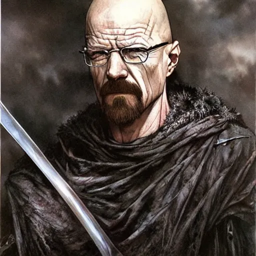 Image similar to Walter white as a dark fantasy warrior, made by gerald brom and luis royo