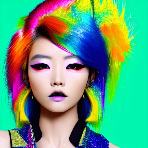 Image similar to japanese model with maximalist hair style and makeup, bright colors, fashion model, portrait shot, glitter, depth of field, 8 k, hyper detailed, intricate, trending on artstation