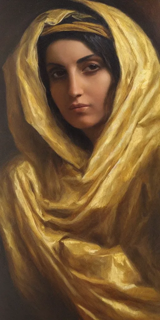 Image similar to romantic period style atmospheric oil painting of a middle eastern woman with intense eyes, wearing a golden veil