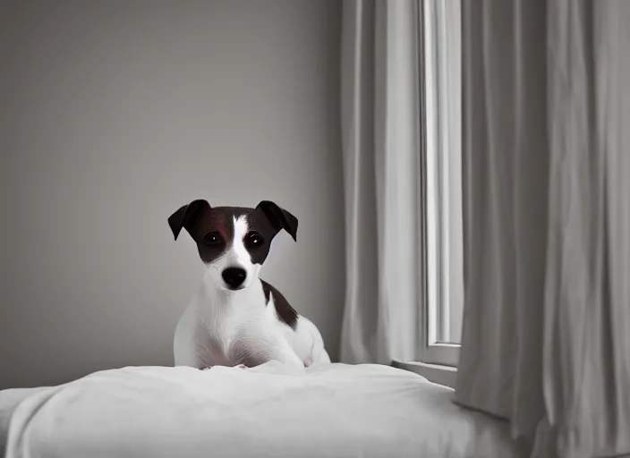 Image similar to photography of a Jack Russel . watching outside the window. on a bed. in a white room. octane render,volumetric light, volumetric fog, photorealistic,, award winning photo, 100mm, sharp, cloth, high res