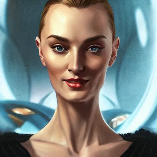 Image similar to “ daria strokous as evil james bond villain smiling, intricate, elegant, highly detailed, digital painting, artstation, concept art, smooth, sharp focus uhd 8 k, art by artgerm and greg rutkowski and alphonse mucha ”