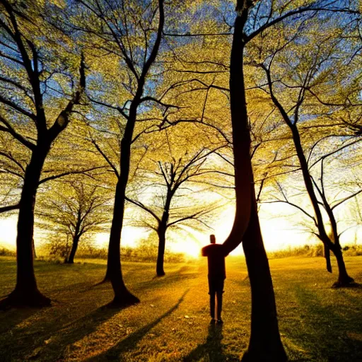 Image similar to man facing the sunset in a beautiful cherry tree forest