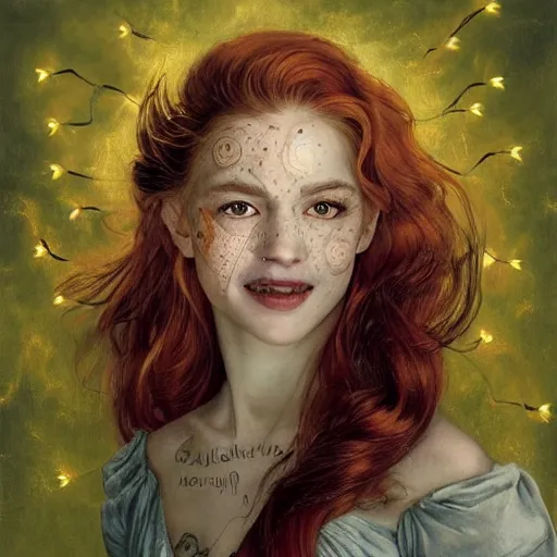 Image similar to a totally amazed smiling pretty batman surrounded by golden firefly lights in a mesmerizing scene, fully covering intricate detailed bohemian outfit, long loose red hair, precise linework, accurate green eyes, small nose with freckles, beautiful smooth oval head, expressive emotions, hyper realistic ultrafine portrait by artemisia gentileschi, jessica rossier, greg rutkowski, artgerm