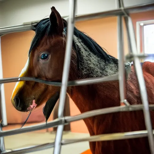 Image similar to horse wearing orange inmate clothes, in a jail