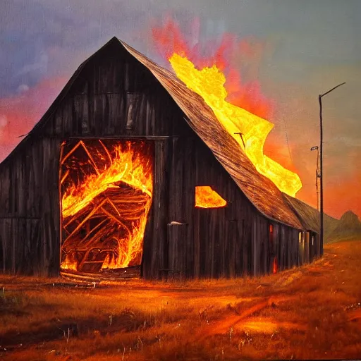 Prompt: burning barn 4k oil painting