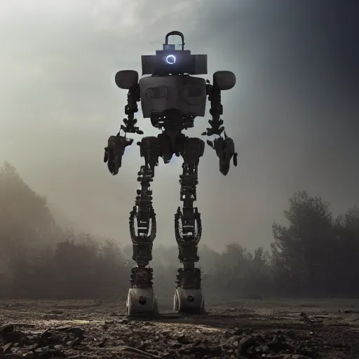 Image similar to A large robot, full body, facing forward, bleak tone, post apocalyptic, Nuttavut Baiphowongse, Mark Armstron, amad, rendered by octane, 8k, ultra 8k, hyper realistic, photorealistic, photo