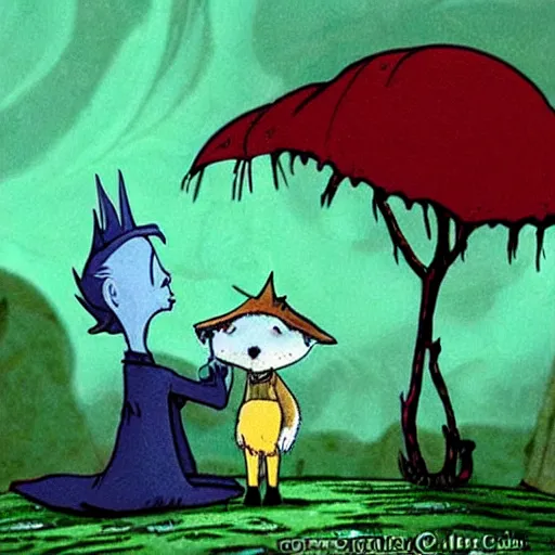 Image similar to the little prince talking to the fox, art by tim burton, corpse bride art style