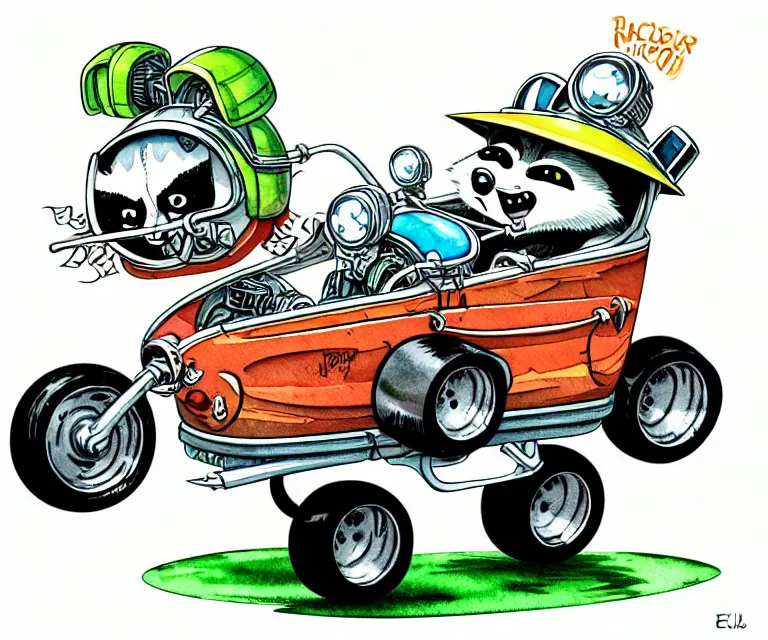 Prompt: cute and funny, racoon wearing a helmet riding in a tiny hot rod with oversized engine, ratfink style by ed roth, centered award winning watercolor pen illustration, isometric illustration by chihiro iwasaki, edited by range murata, symmetrically isometrically centered