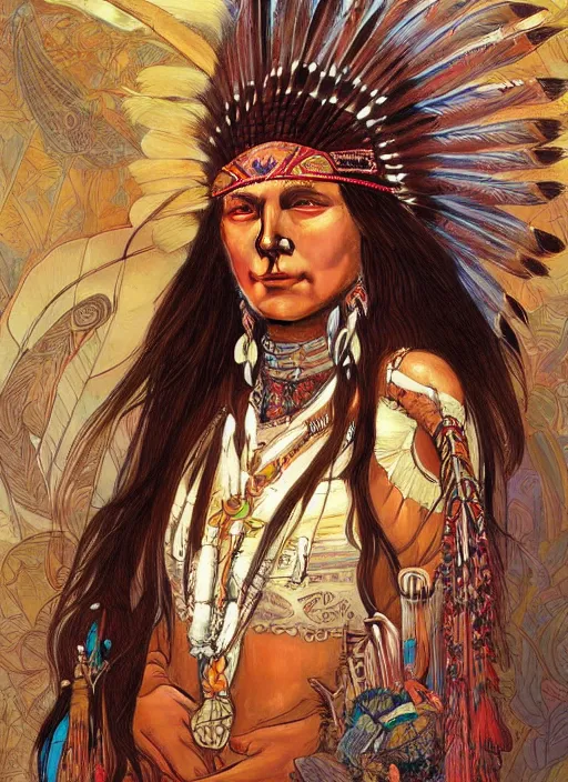 Prompt: beautiful native american woman wearing an elaborate headdress, intricate, elegant, highly detailed, centered, digital painting, artstation, concept art, smooth, sharp focus, illustration, art by android jones and donato giancola and alphonse mucha