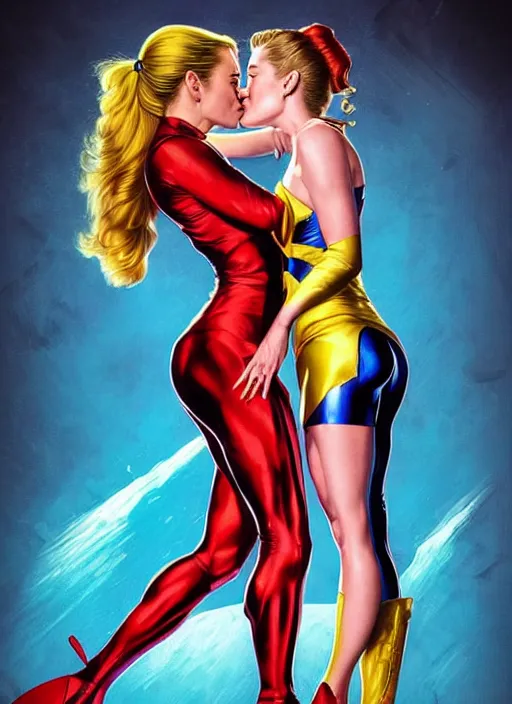 Image similar to brie larson and amber heard kissing as comic book super villains, full body portrait, natural lights, photorealism, dramatic, cinematic, art by artgerm, rossdraws, norman rockwell, magali villeneuve, gil elvgren, alberto vargas, earl moran, enoch bolles