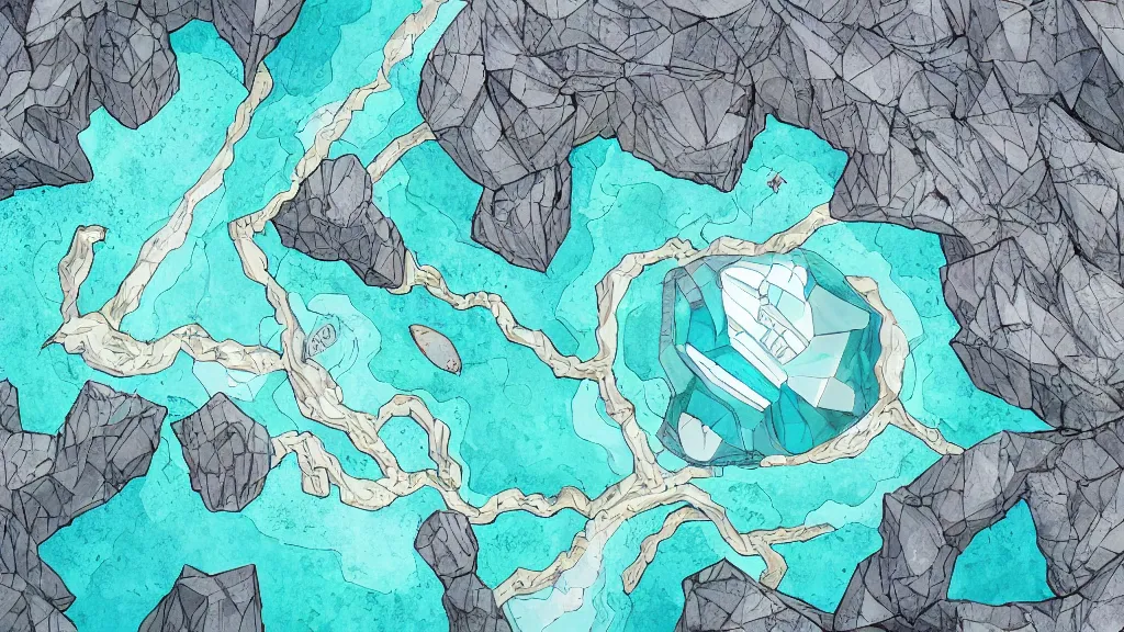 Image similar to Aerial view of a wizard tower surrounded by an ice cave to the west, a fire cave to the east, a emerald mine to the north and a diamond mine to the south, lineart, colored