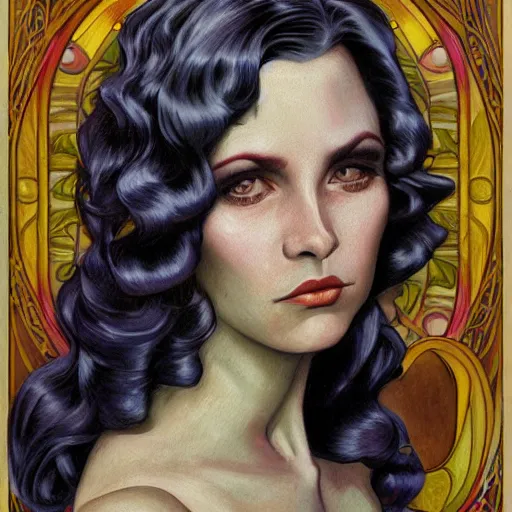 Prompt: an art nouveau, ( streamline moderne ), multi - ethnic and multi - racial portrait in the style of donato giancola and charles dulac and anna dittmann. very large, clear, expressive, and intelligent eyes. symmetrical, centered, ultrasharp focus, dramatic lighting, photorealistic digital matte painting, intricate ultra detailed background.